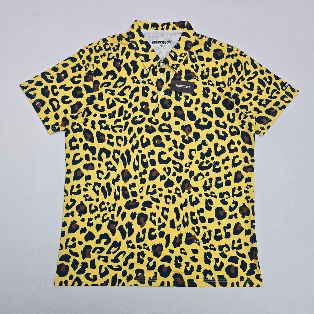 Shankitgolf Mens XL Yellow Leopard Print Performance Golf Polo Shirt SS NWT